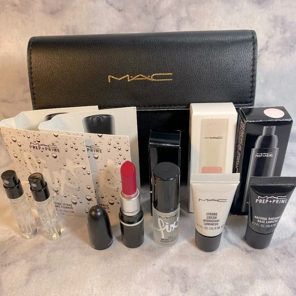 MAC Beauty Gift Set-Black Pouch,Lipstick,Primer,Hydration& Setting Spray-7pc-NEW